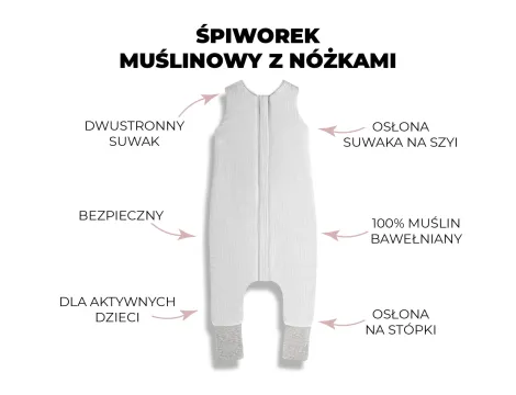 Sleepee ŚPIWOREK MUŚLINOWY 1-2 l.  z nóżkami rose
