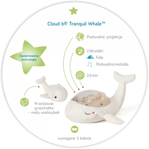 Cloud B Projektor z grzechotką  Wieloryb biały Lampka