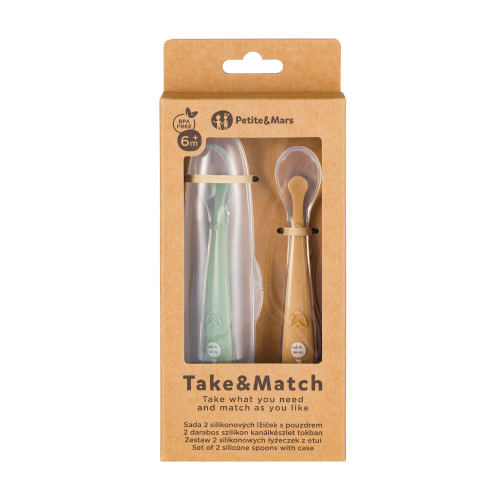 PETITE&MARS Zestaw 2 silikonowych łyżeczek z etui  Ochre 6m+